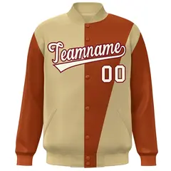 Khaki White-Orange Color Block Varsity Full-Snap Bomber Jacket 3