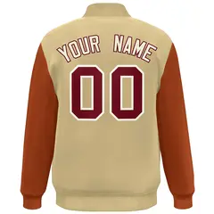 Khaki White-Orange Color Block Varsity Full-Snap Bomber Jacket 4