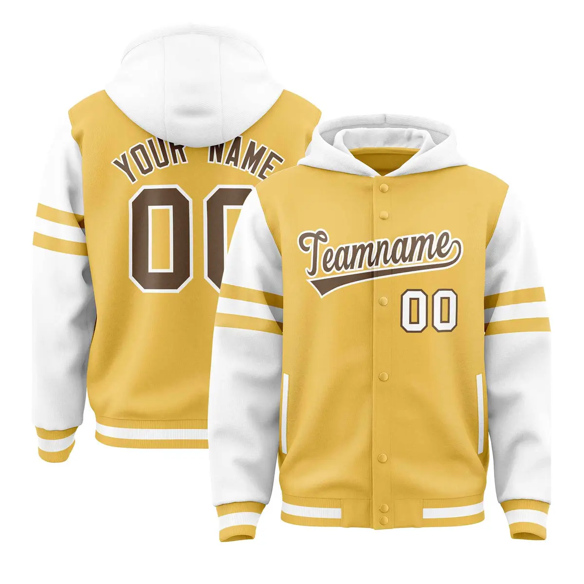Khaki White Raglan Three Stripes Varsity Full-Snap Letterman Jacket Hoodie