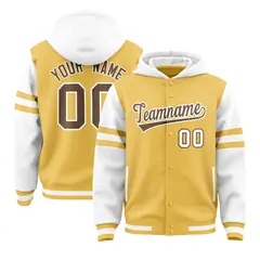 Khaki White Raglan Three Stripes Varsity Full-Snap Letterman Jacket Hoodie 1
