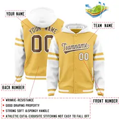 Khaki White Raglan Three Stripes Varsity Full-Snap Letterman Jacket Hoodie 4