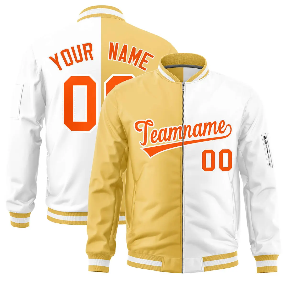Khaki White Split Varsity Full-Zip Letterman Bomber Jacket