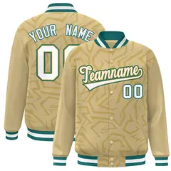 Khaki White-Teal Stripe Graffiti Pattern Varsity Full-Snap Jacket