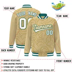 Khaki White-Teal Stripe Graffiti Pattern Varsity Full-Snap Jacket 2