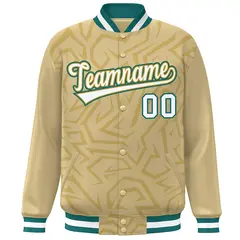 Khaki White-Teal Stripe Graffiti Pattern Varsity Full-Snap Jacket 3