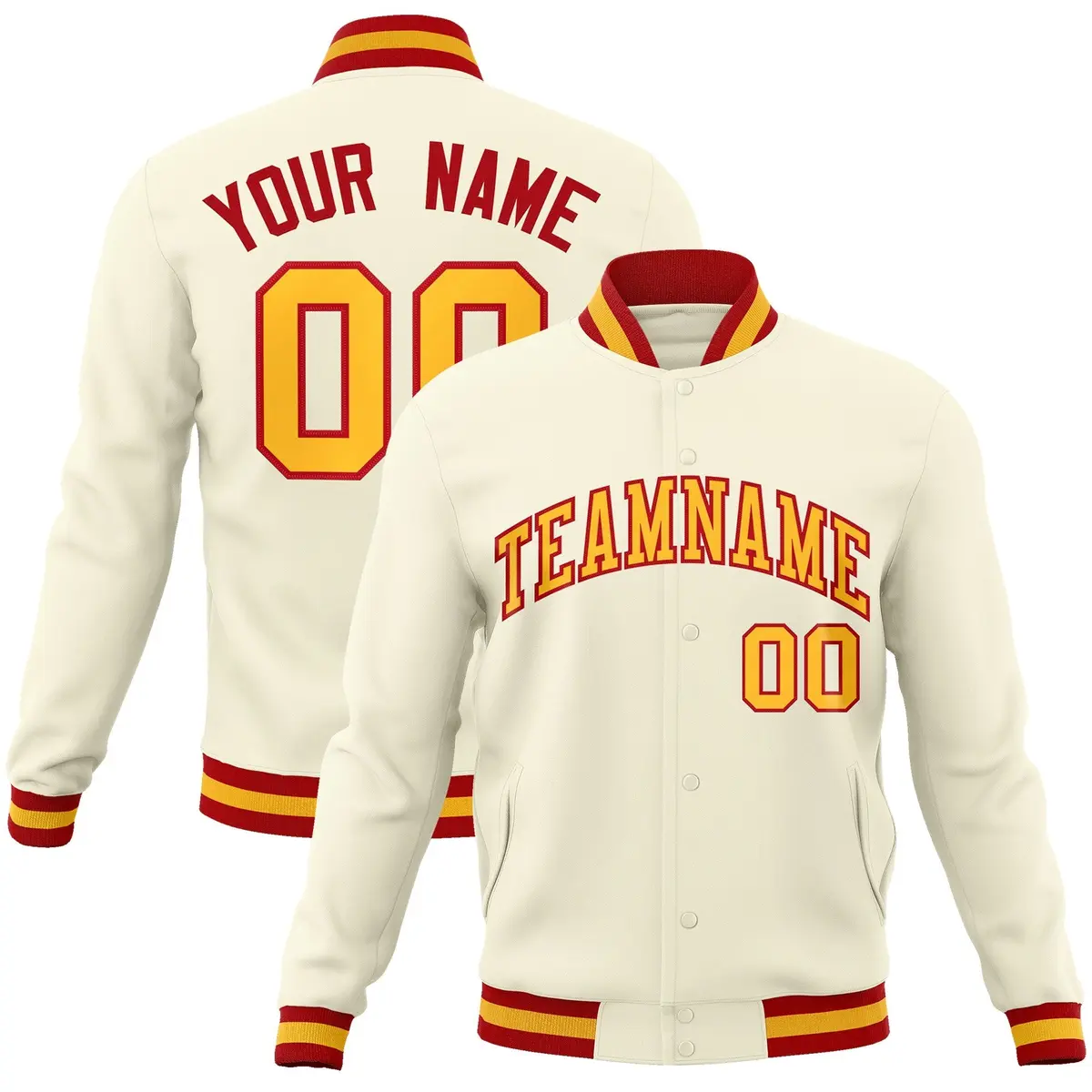 Khaki Yellow-Red Varsity Full-Snap Letterman Jacket