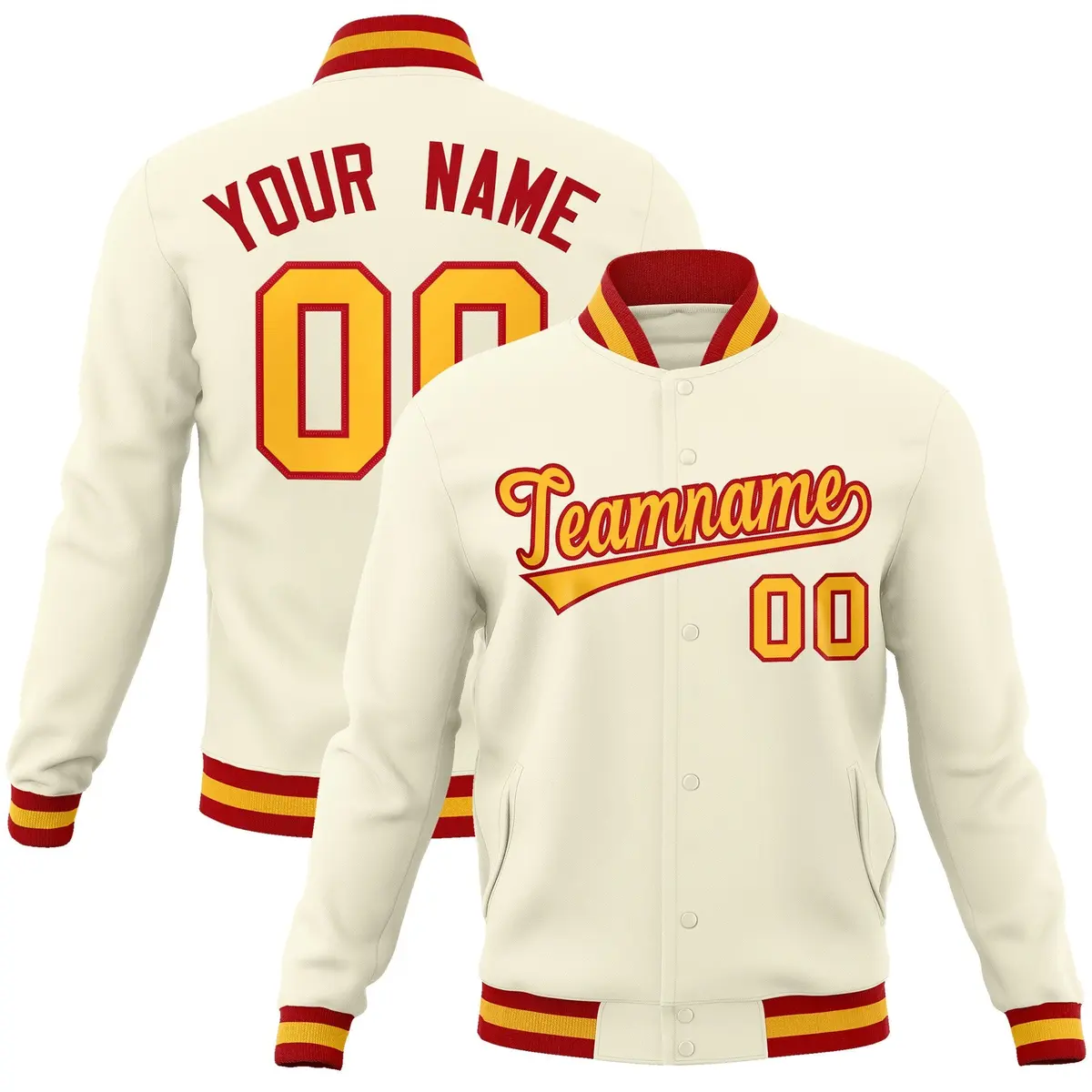 Khaki Yellow-Red Varsity Full-Snap Letterman Jacket