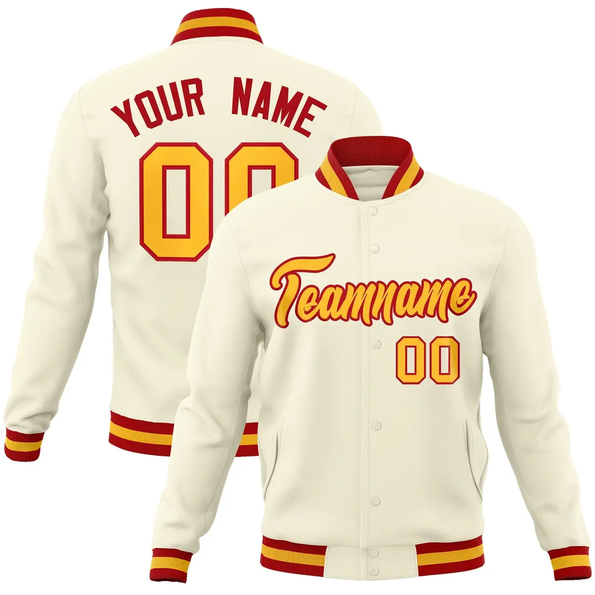 Khaki Yellow-Red Varsity Full-Snap Letterman Jacket
