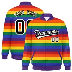 LGBT Rainbow Pride Full-Snap Color Block Letterman Baseball Jacket