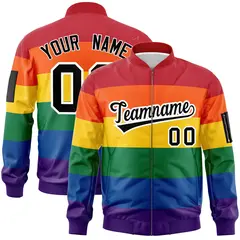 LGBT Rainbow Pride Month Full-Snap Color Block Letterman Bomber Jacket