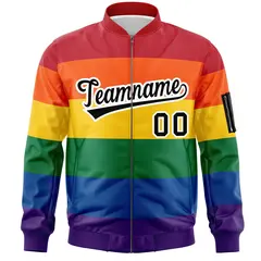 LGBT Rainbow Pride Month Full-Snap Color Block Letterman Bomber Jacket 3