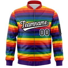 LGBT Rainbow Pride Month Full-Snap Color Block Letterman Bomber Jacket 3
