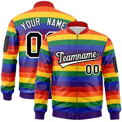 LGBT Rainbow Pride Month Full-Snap Color Block Letterman Bomber Jacket