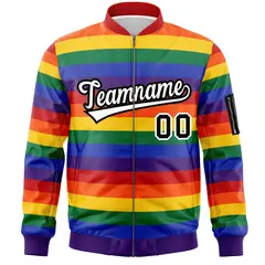 LGBT Rainbow Pride Month Full-Snap Color Block Letterman Bomber Jacket 3