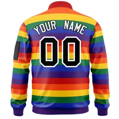 LGBT Rainbow Pride Month Full-Snap Color Block Letterman Bomber Jacket 4