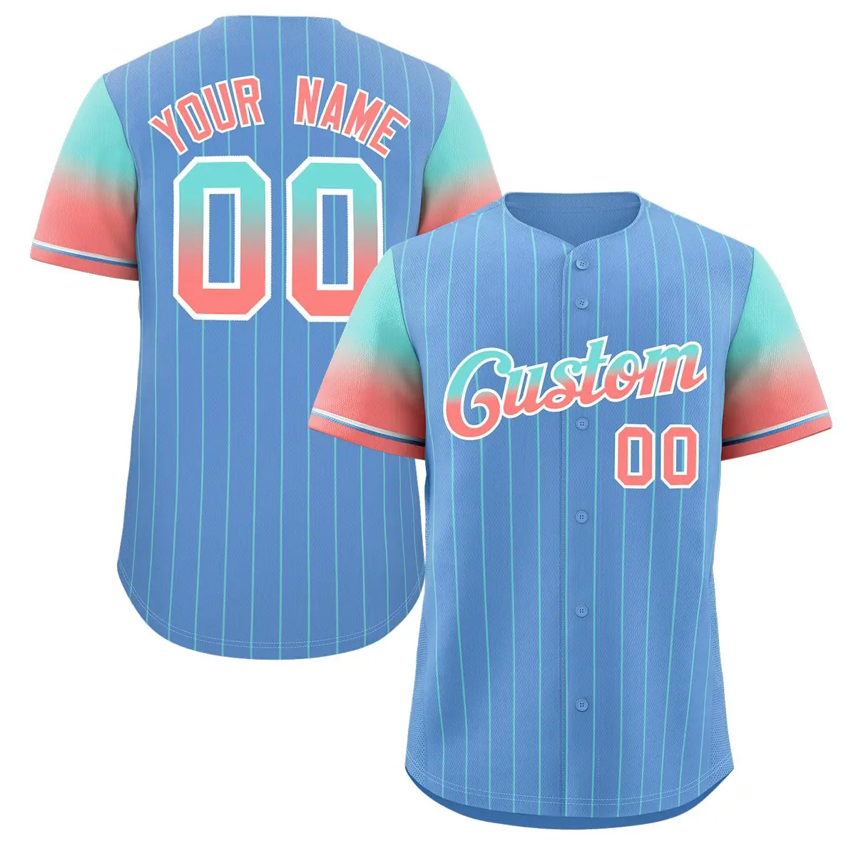 Light Blue Aqua Red-White Stripe Gradient Baseball Jersey