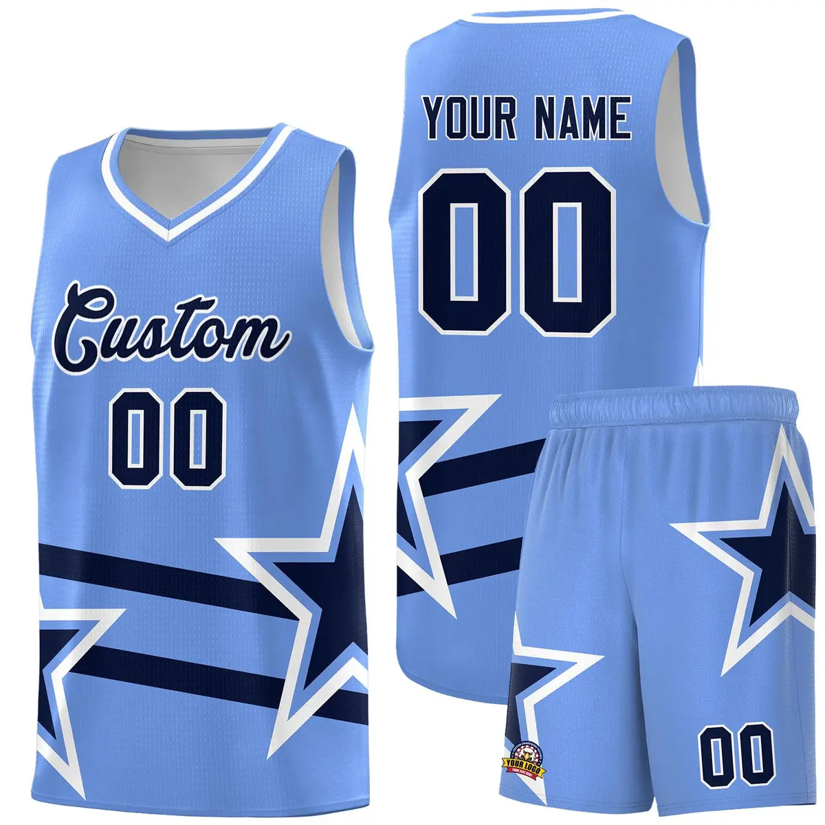 Light Blue Basketball Kit Navy Star Pattern and Double Lines