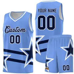 Light Blue Basketball Kit Navy Star Pattern and Double Lines