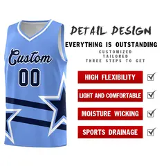 Light Blue Basketball Kit Navy Star Pattern and Double Lines 2