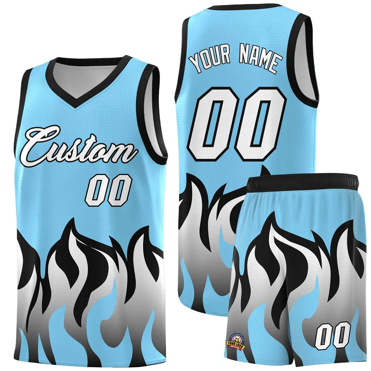 Light Blue Black Flame Hem Fashion Basketball Jersey
