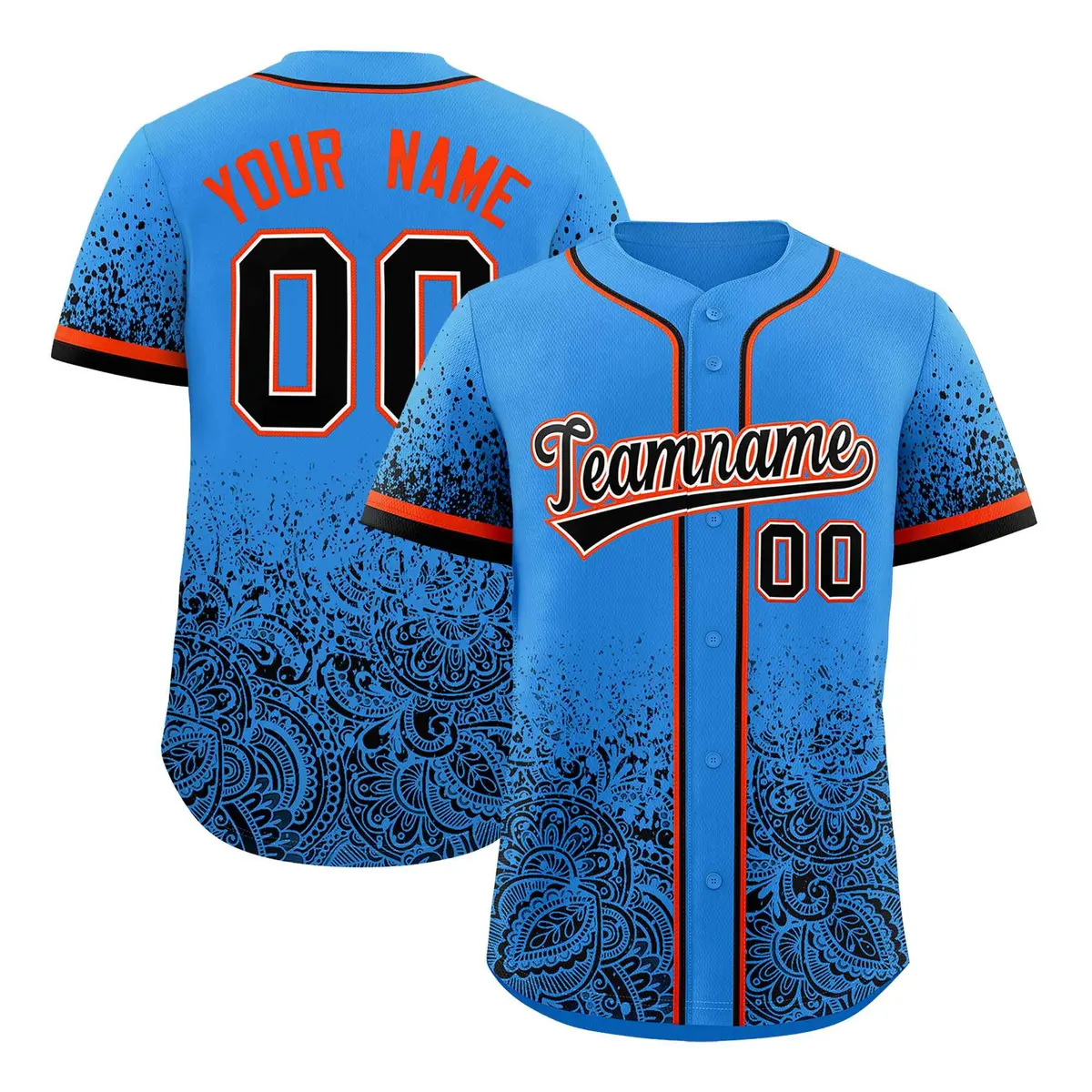 Light Blue Black Floral Gradient Full Button Baseball Jersey
