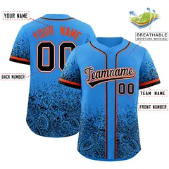 Light Blue Black Floral Gradient Full Button Baseball Jersey 2