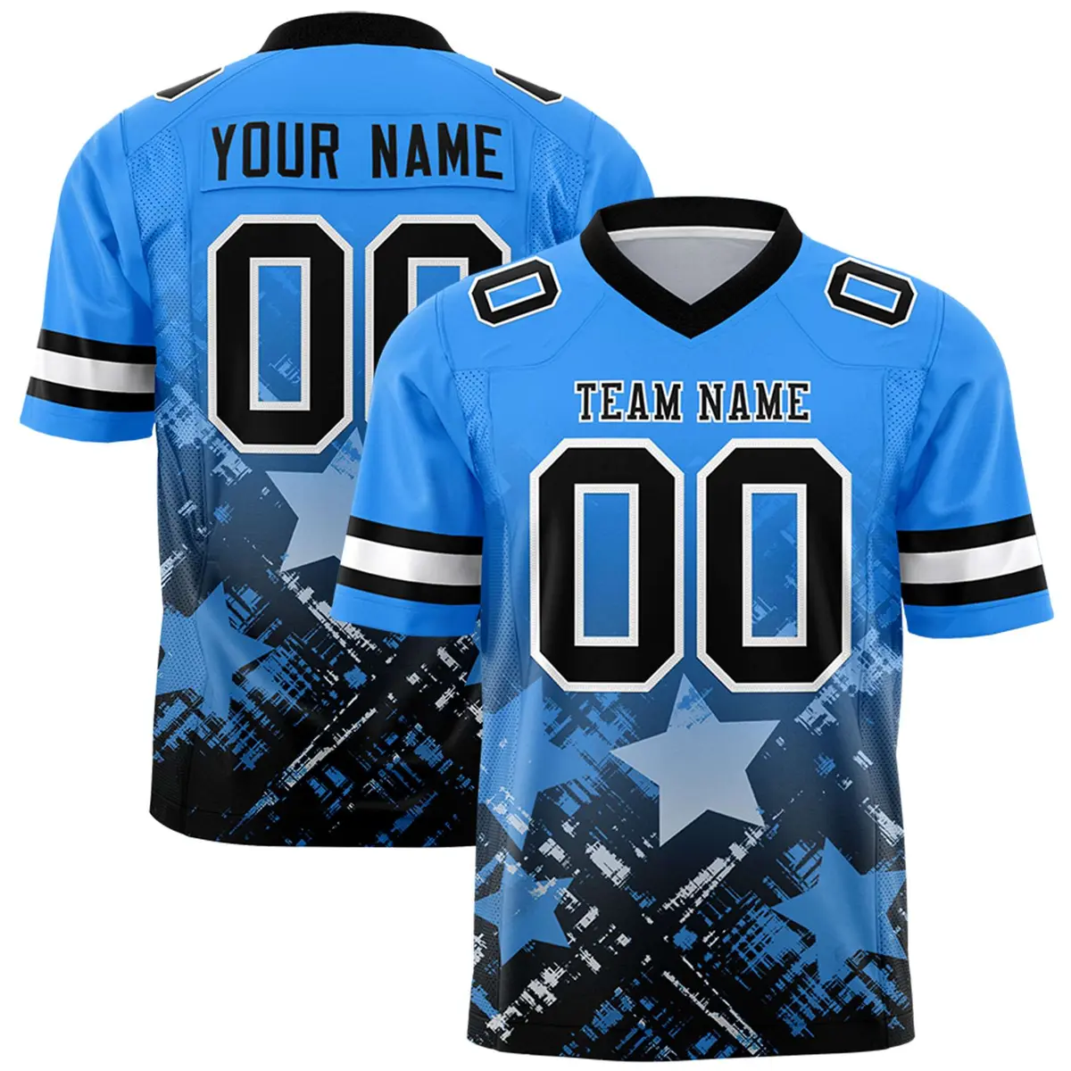 Light Blue Black Star Gradient Flag Football Jersey