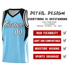 Light Blue Black White Color Block Basketball Jersey 2
