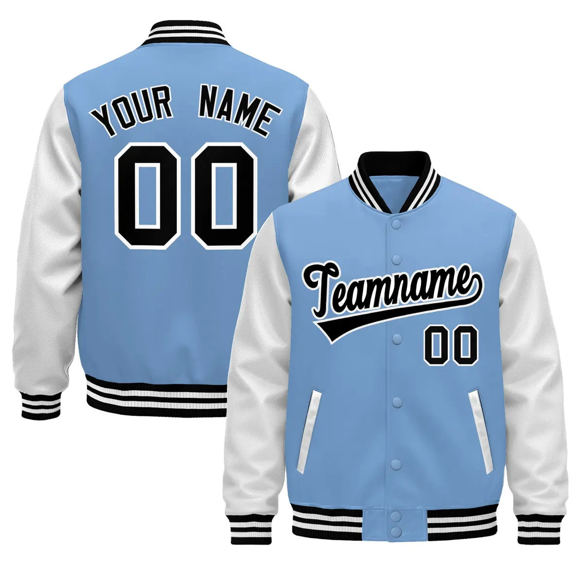 Light Blue Black White Raglan Varsity Full-Snap Leather Sleeves Letterman Jacket
