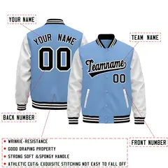 Light Blue Black White Raglan Varsity Full-Snap Leather Sleeves Letterman Jacket 2