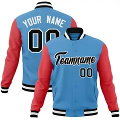 Light Blue Black-White Raglan Varsity Full-Snap Letterman Jacket 1