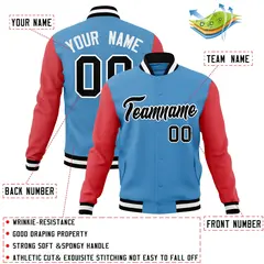 Light Blue Black-White Raglan Varsity Full-Snap Letterman Jacket 4