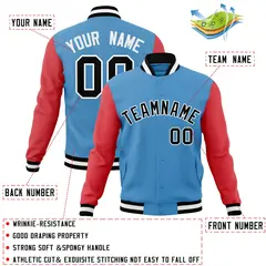 Light Blue Black-White Raglan Varsity Full-Snap Letterman Jacket 4
