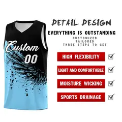 Light Blue Black Wing Pattern Basketball Jersey 2