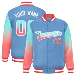 Light Blue Bright Green-Light Red Gradient Varsity Full-Snap Raglan Baseball Jacket