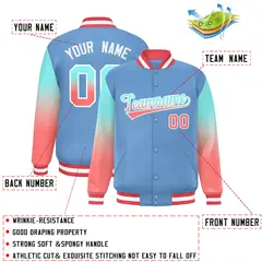 Light Blue Bright Green-Light Red Gradient Varsity Full-Snap Raglan Baseball Jacket 2