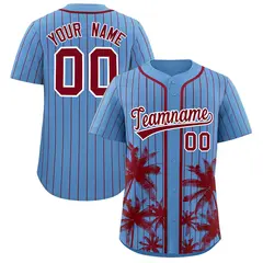 Light Blue Crimson Pinstripe Coconut Tree Baseball Jersey