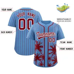 Light Blue Crimson Pinstripe Coconut Tree Baseball Jersey 2