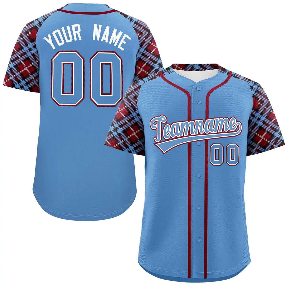 Light Blue-Crimson Raglan Sleeves Authentic Baseball Jersey