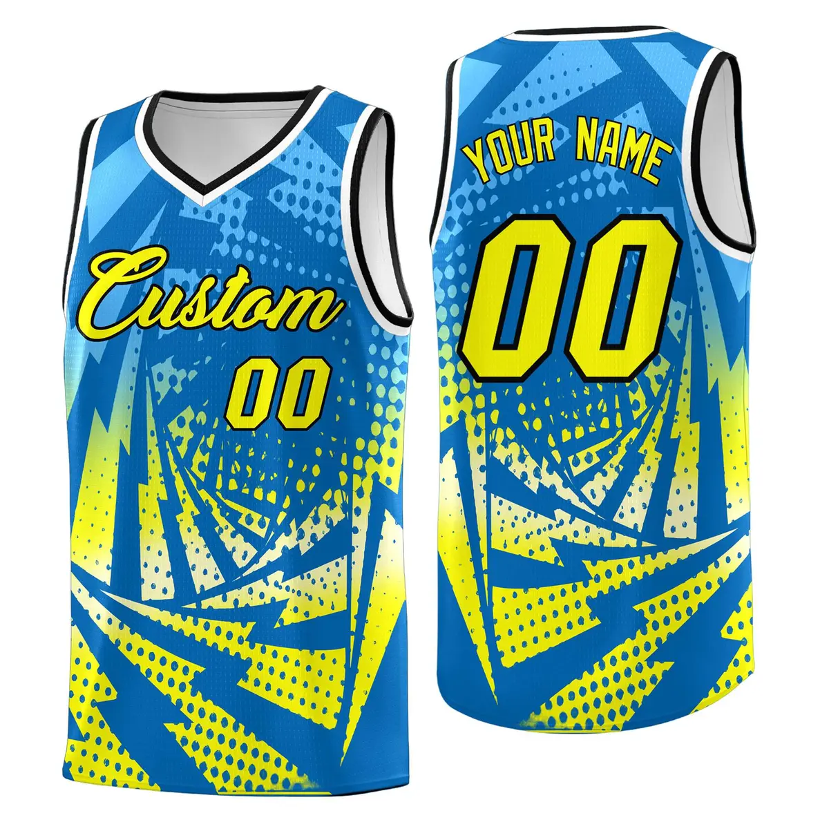 Light Blue Fluorescent Yellow Lightning Halftone Dot Basketball Jersey