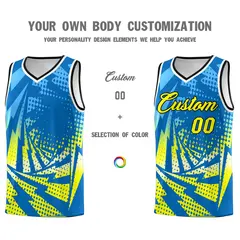 Light Blue Fluorescent Yellow Lightning Halftone Dot Basketball Jersey 3