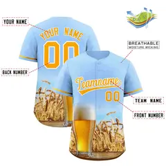 Light Blue Gold Beer Pattern Baseball Jersey 2
