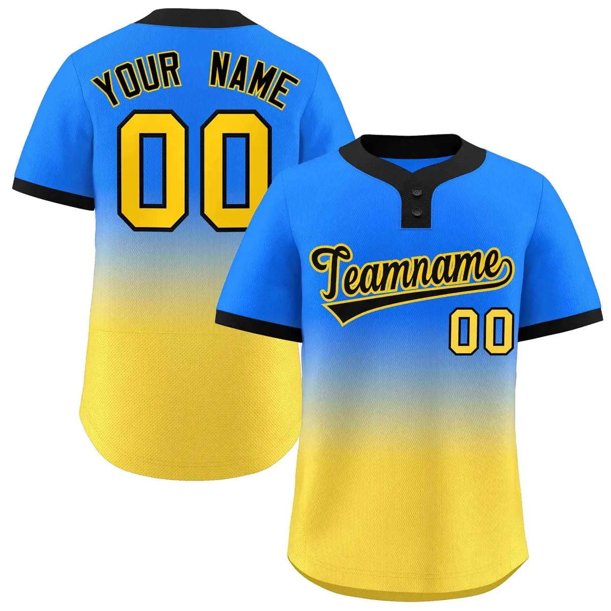 Light Blue Gold Black-Gold Gradient Two-Button Softball Jersey