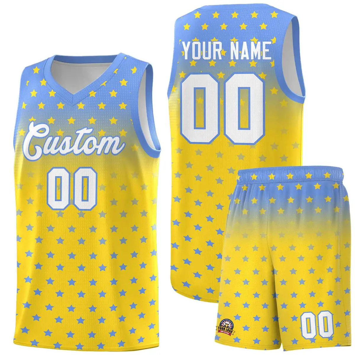Light Blue Gold Gradient Star Pattern Basketball Jersey Sets