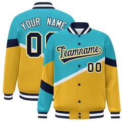 Light Blue Gold Navy-White Color Block Varsity Baseball Jacket 1
