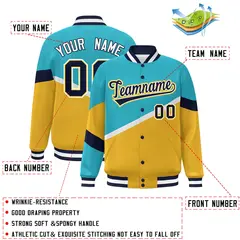 Light Blue Gold Navy-White Color Block Varsity Baseball Jacket 2