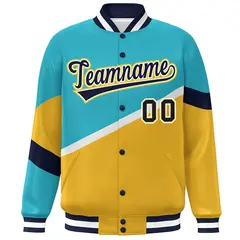 Light Blue Gold Navy-White Color Block Varsity Baseball Jacket 3