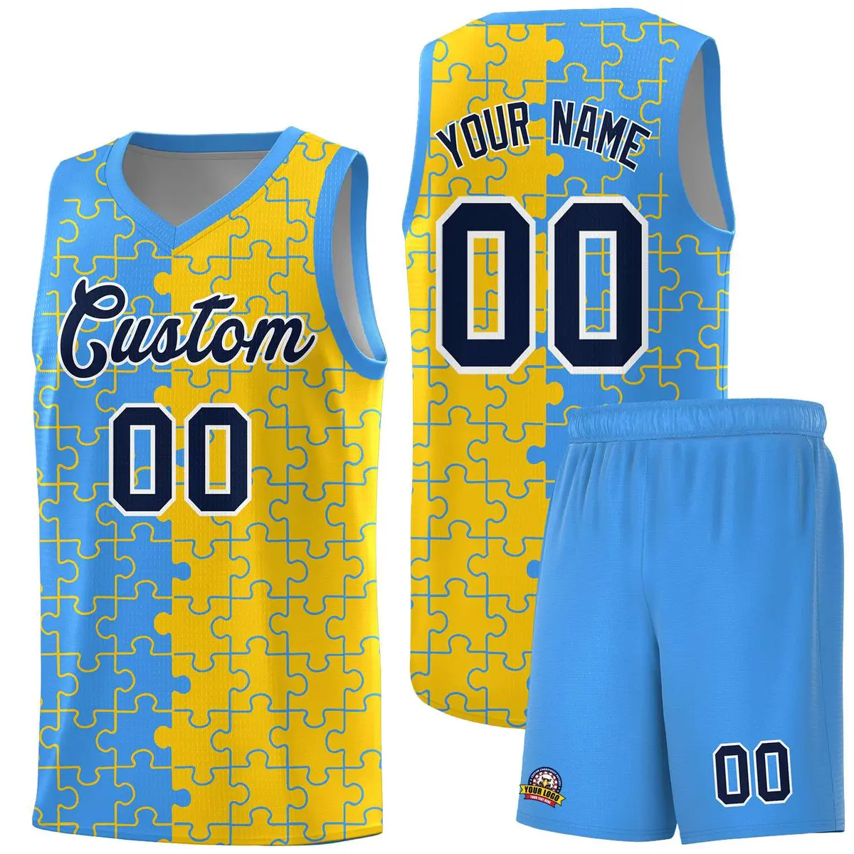 Light Blue Gold Puzzle Pattern Splid Basketball Kits