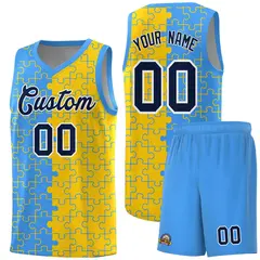 Light Blue Gold Puzzle Pattern Splid Basketball Kits 1