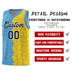 Light Blue Gold Puzzle Pattern Splid Basketball Kits 2